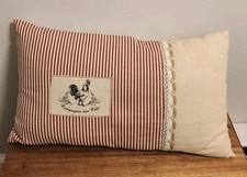 French Country Rooster and Hen Throw Pillow Red  Tan Ticking Fabric Excellent