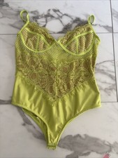 Neon Lime Green Eyelash Lace Fishnet Bodysuit Top Rave Festival Large