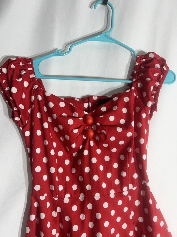 Collectif Dolores Muñeca Lunares Rojo Blanco Vestido Columpio con BOLSILLOS Falda Completa NUEVO Foto 3 de 4