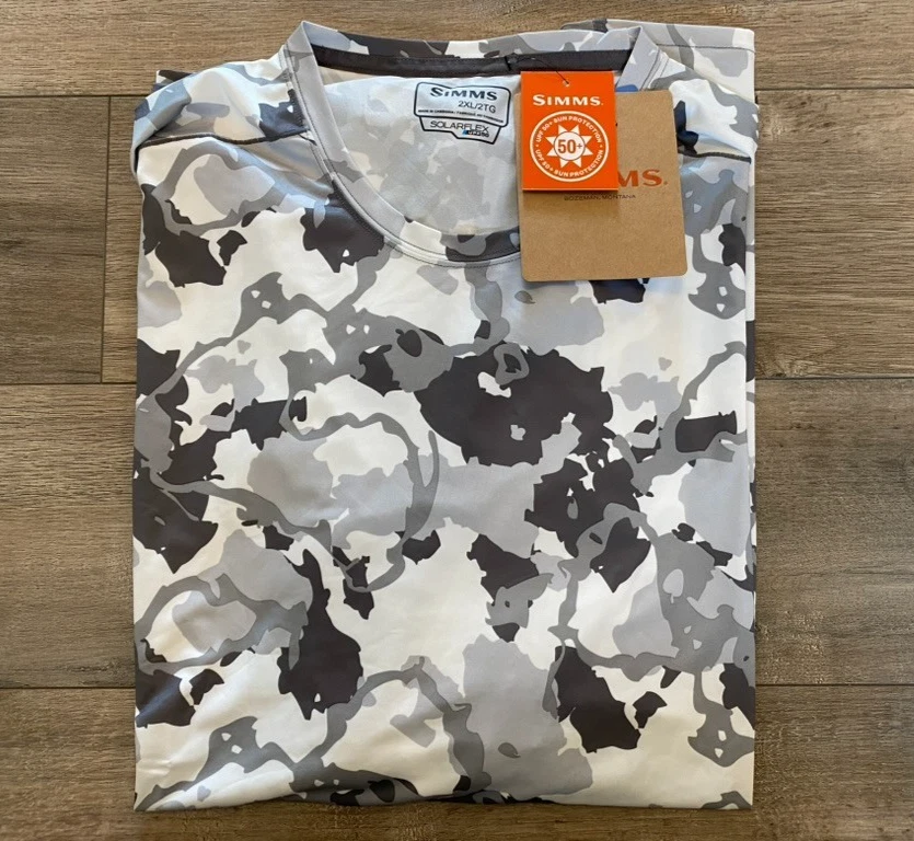 Simms Shirt Mens 2XL Camo Solarflex Crew Long Sleeve UPF 50 Base layer Fishing