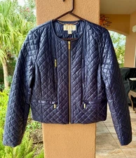 NWT Classy Michael Kors Navy Gold Zippers Short Blazer Jacket  SZ L Petite