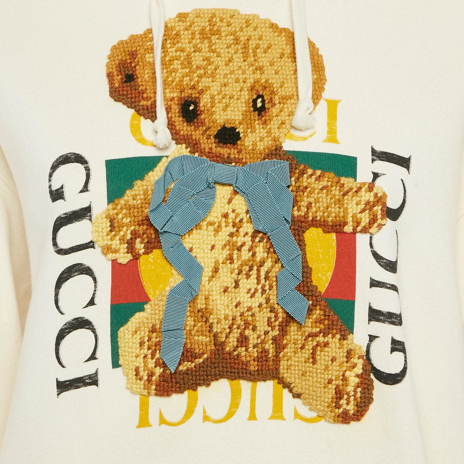 Felpa con cappuccio Gucci panna orsacchiotto in maglia di cotone ricamato S