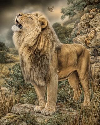 8x10 African Lion, rocky stance, savanna rocks, painterly, tan coat - 635608907
