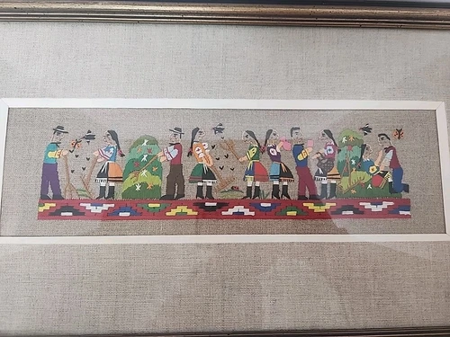 VTG Czech Embroidery Folk Art Scenes Handmade Professionally Framed Colorful