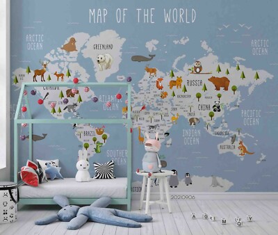 3D Cartoon World Map Wallpaper Wall Mural Removable Self-adhesive 63