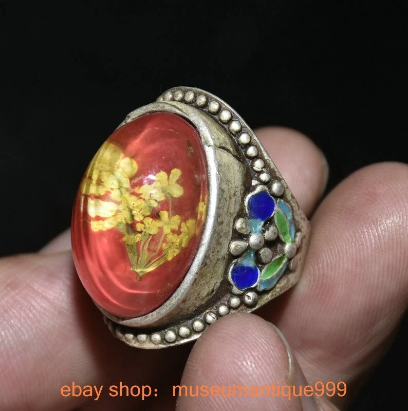 1.4" Old Chinese Cloisonne Silver inlay red gem plum blossom Jewelry Ring - Image 3 of 4