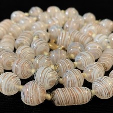 Vtg Murano Latticino White Gold Aventurine Barrel Venetian Glass Bead Necklace