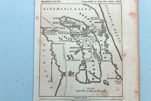 1866 RARE CIVIL WAR MAP OF THE FORTS AND BATTERIES OF ROANOKE ISLAND N.C.