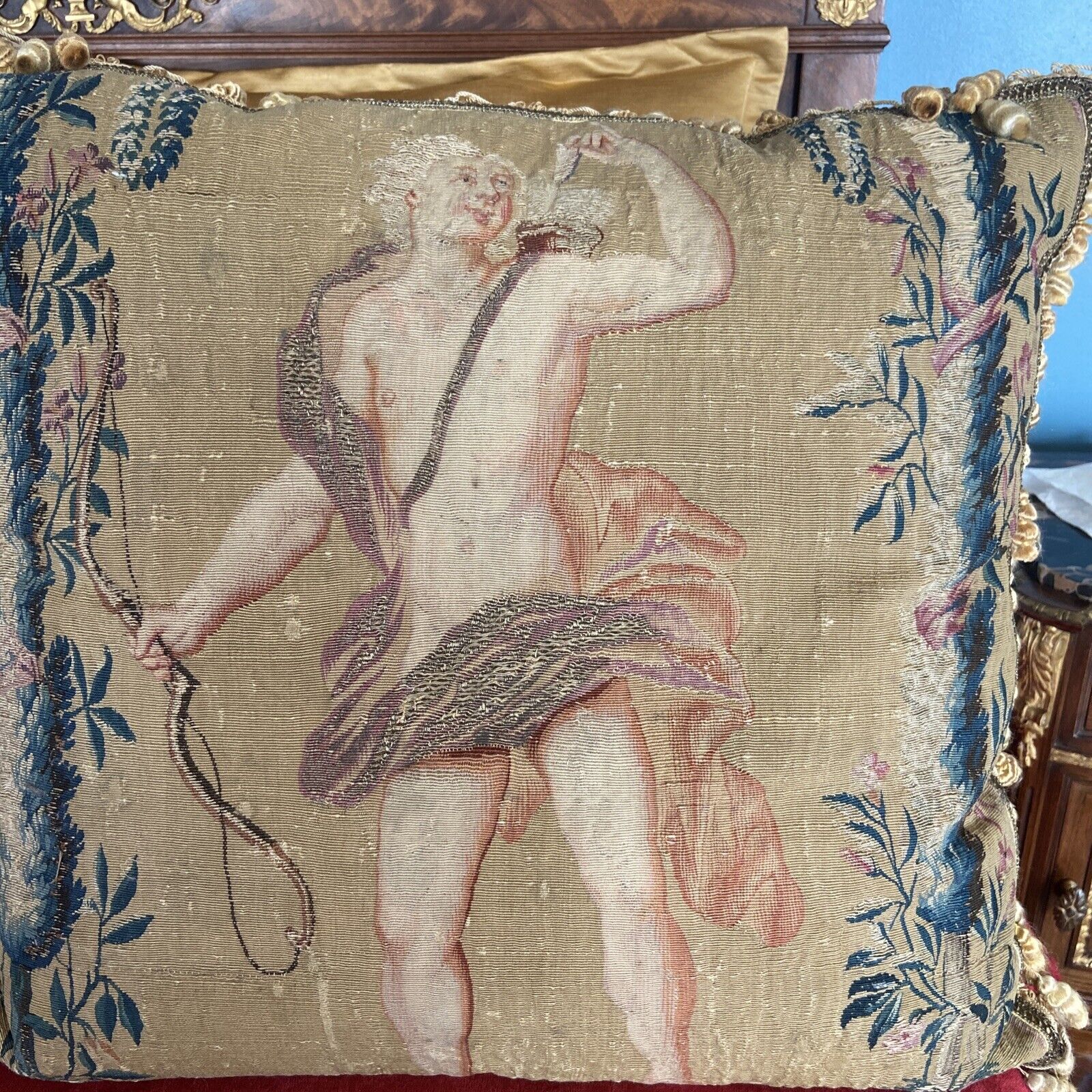 Antique French Aubusson 18c Tapestries Pillow With Cherub Mythological Hermes
