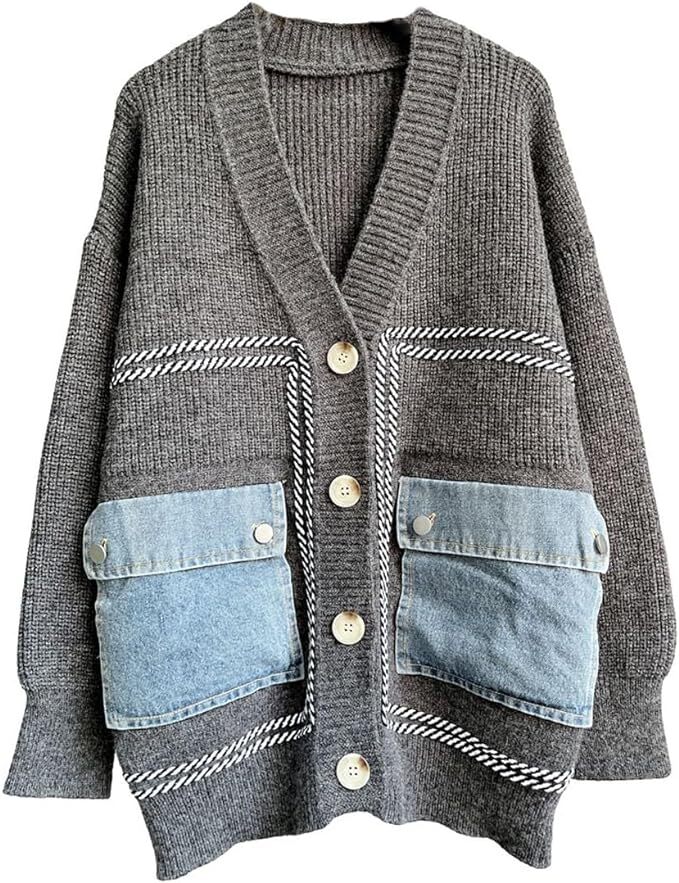 Women's Open Front Cardigan Oversized Button Down Denim Jean Patchwork Sweater