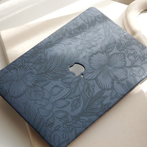 Blue Carved Flower PU Leather Case For Macbook M4 Pro 14 16 Air 13 15 11 12 inch - Picture 5 of 10