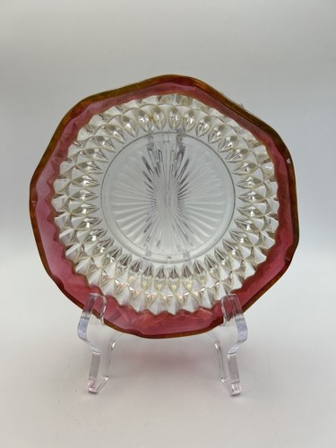 Indiana Glass Ruby Flash Diamond Point Scalloped Crystal Bowl Vintage MCM - Picture 2 of 4