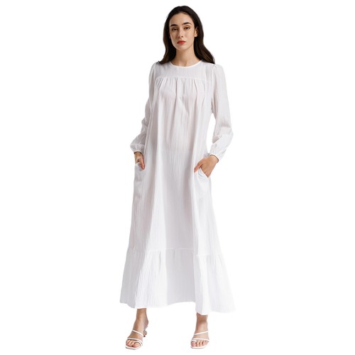 Womens Islamic Muslim Caftan Abayas Round Neck Dress Ruffled Hem Robe Pray Maxi - Picture 10 of 64