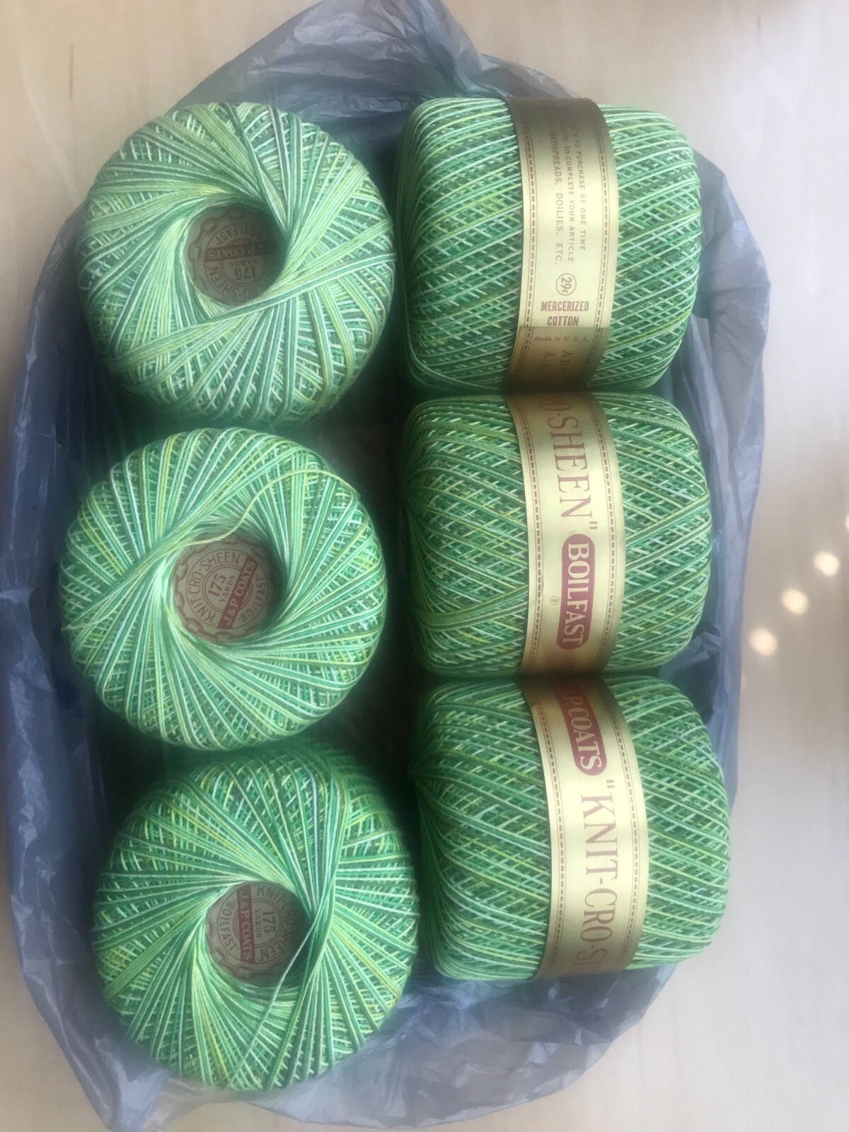 6 Vintage J&P Coats Knit Cro Sheen Shaded Variegated Green Crochet