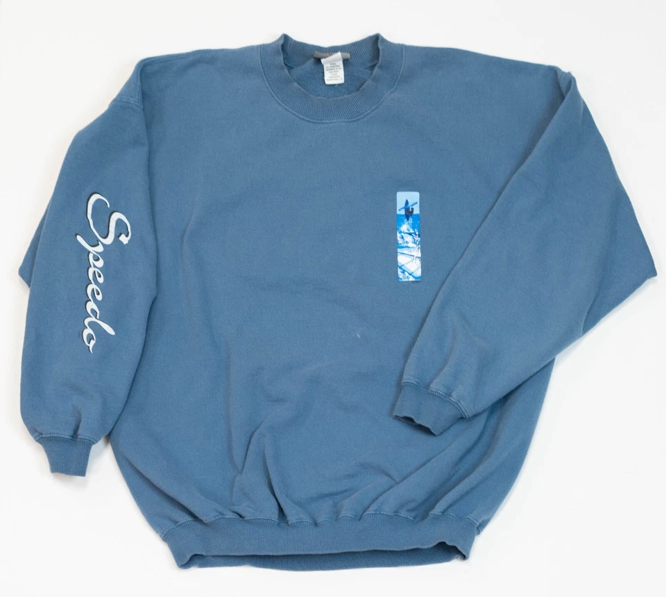 Moletom masculino vintage anos 90 Speedo surfista gola redonda tamanho XL azul Y2K feito nos EUA - Imagem 2 de 4