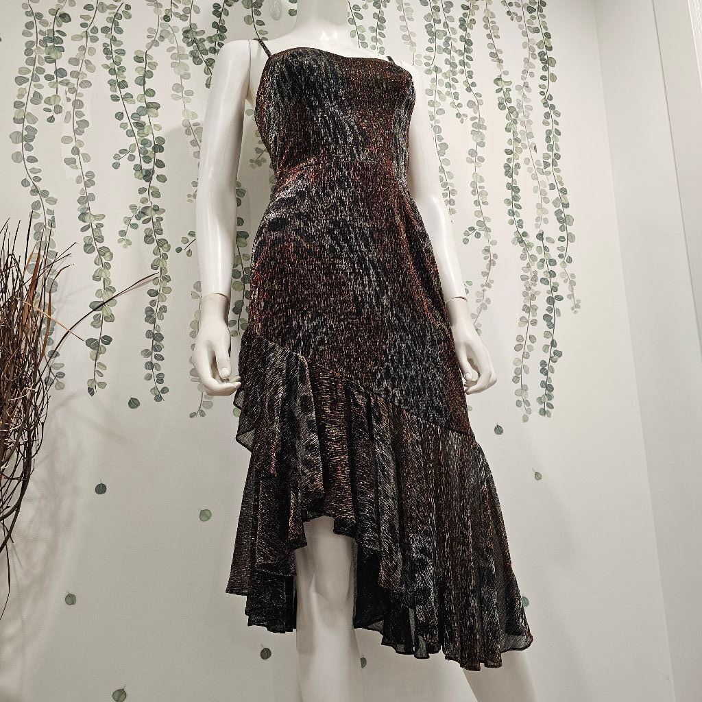 dress the population cantrelle Dress the Population Cantrelle Animal Ruffle Cocktail Dress Bronze Metallic XS