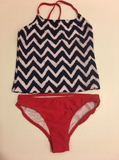 2-Piece Op Girl Swim Suit Tankini Set M 7-8 Swimwear Red Blue UPF 50 