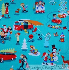 BonEful Fabric FQ Cotton Quilt Xmas Rudolph Reindeer Camp RV Santa Snowman Tree
