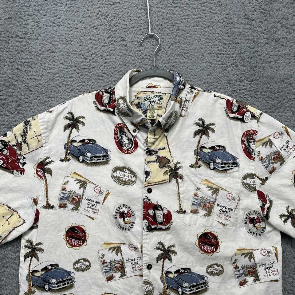 Big Dogs Hawaiian Shirt Mens Large Cream Aloha Old Cars Palm Print Linen Cotton - Image 3 of 4