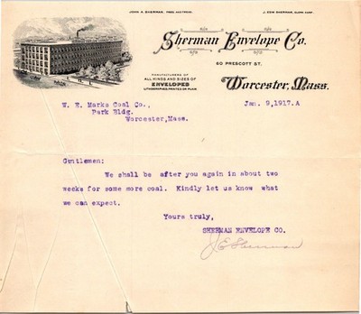 1917 Sherman Envelope Co. Worcester MA Business Letter Ephemera