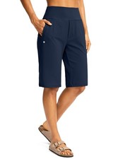 Womens 12" Bermuda Shorts Knee Length with Pockets High Waisted Stretchy Summ...