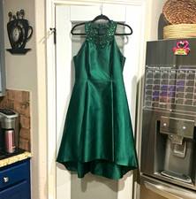 Adrianna Papell Green Satin Beaded Halter Neck High-Low Formal Dress - Size 8