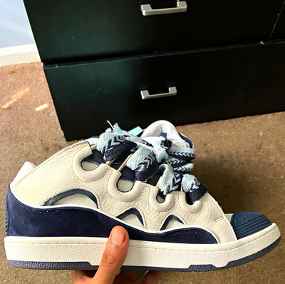 LANVIN Men's Low Top Lace-Up Athletic Sneakers White Navy Colorblock