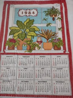 1984 Calendar Kitchen Tea Towel Cat & Houseplants Soft Cotton 15x21 Small Flaws