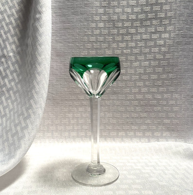SAINT LOUIS BRISTOL SHERRY GLASS GREEN CUT TO CLEAR CRYSTAL BOHEMIAN SIGNED