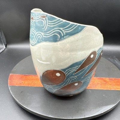 VTG Vase Glazed Pottery Artist Signed Fish Motif  Japandi  Minimalist Scandi HTF