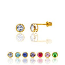 14K Solid Gold Round Bezel Safety Screw Back Earrings for Children  Girls