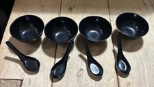 Marustar melamine Chinese Rice Soup Bowl Black With 4 Soup Spoons