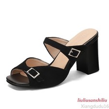 Women's Block Heel Slide Sandals Open Toe Buckle Strap Slip on Heels for Summer