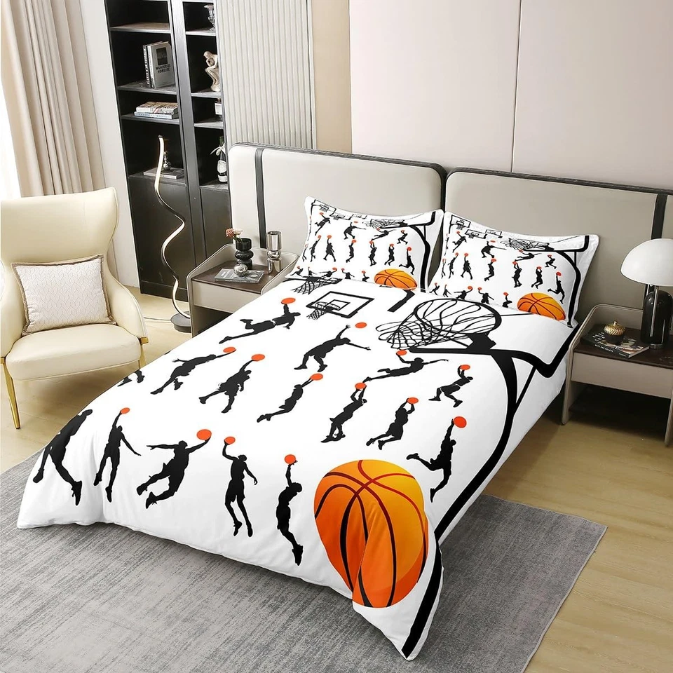 Basketball 100% Cotton Duvet Cover Twin Size 2 Pcs Black Sport Players Silhou... - Image 3 of 4