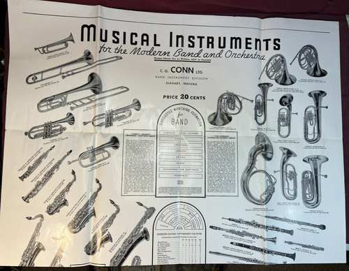Vtg. 1955 C. G. CONN Elkhart IN Musical Instruments Poster Modern Band Orchestra
