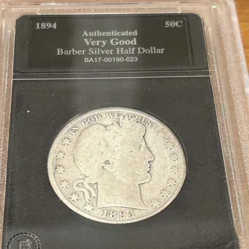 1894 Barber Silver Half Dollar Authenticated By Bradford. Very Good.
