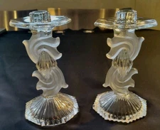 Mint Vintage Pair Of Clear & Frosted Glass Candle Stick Holders Art Nouveau