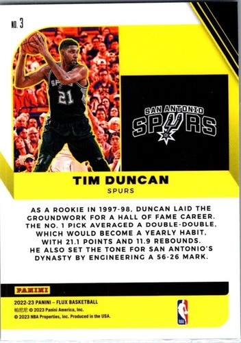 2022-23 Panini Flux - Hall Influx #3 Tim Duncan San Antonio Spurs - Picture 2 of 2