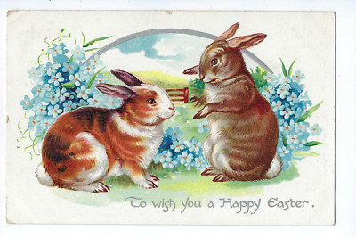 To Wish You a Happy Easter Postcard Two Bunnies & Flowers Embossed Tuck c1908