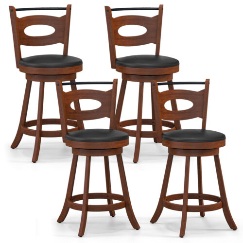 Set of 4 Bar Stools 360° Swivel Dining Chairs Solid Rubber Wood Leather Padded