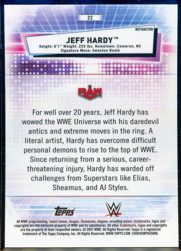 2021 Topps Chrome WWE Wrestling #22 Jeff Hardy - Refractor - Image 2 of 2
