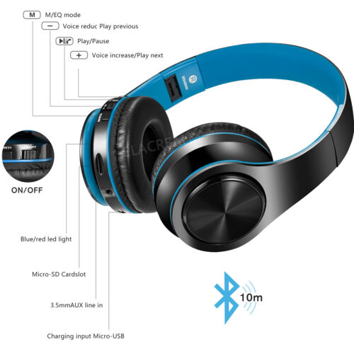 Blue Wireless Bluetooth Foldable Headphones Over Ear Hi-Fi Stereo Headset PC TV - Picture 6 of 12