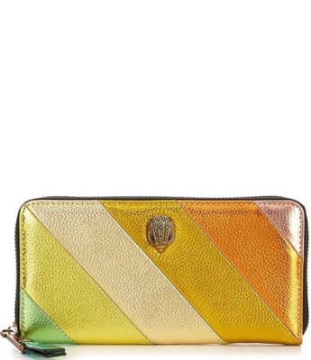 NWT Kurt Geiger Yellow Stripe Metallic Zip Around Leather Wallet