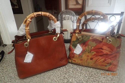 Patricia Nash Empoli Leather Bamboo-Inspired Handle Satchel BROWN TAN & TROPI DR - Picture 13 of 15