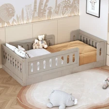 Twin Size Floor Bed Frames with Guardrail Platform Bed for Kids Bedroom Playroom