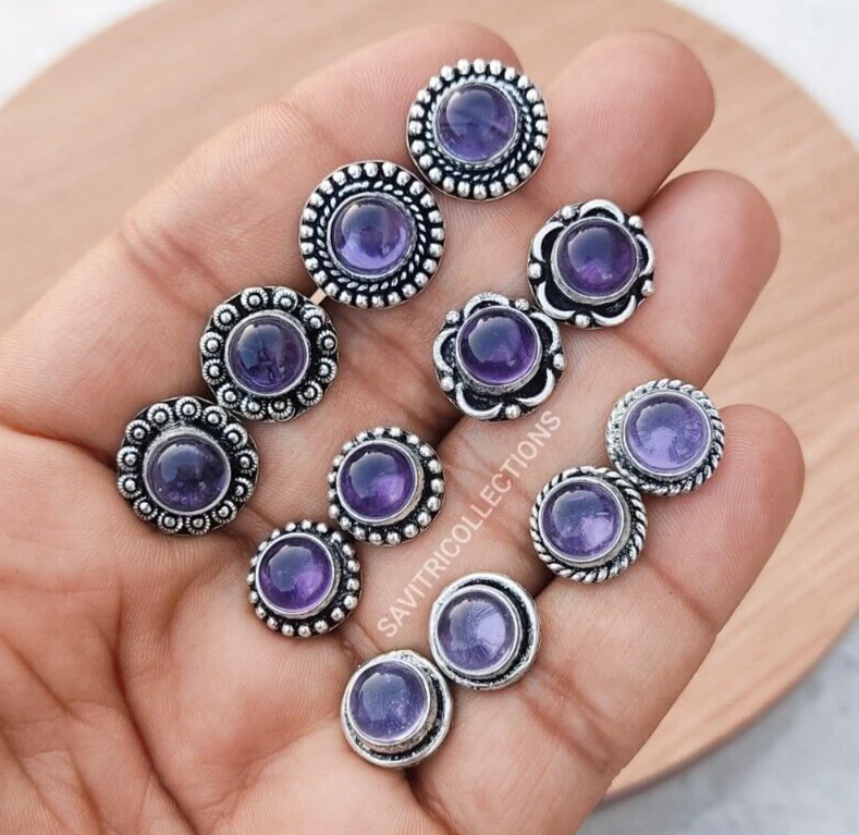 Amethyst Wholesale Stud Earrings Lot 92.5 Silver Plated Handmade Bulk Jewelry - Image 3 of 4