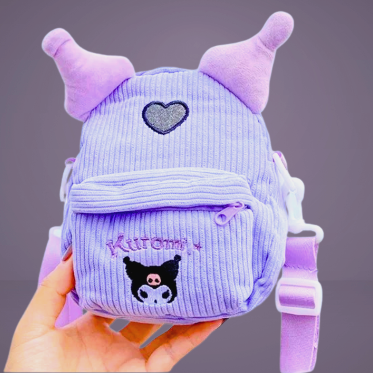 Japan Sanrio KUROMI Corduroy Mini Backpack Crossbody Bag Purple