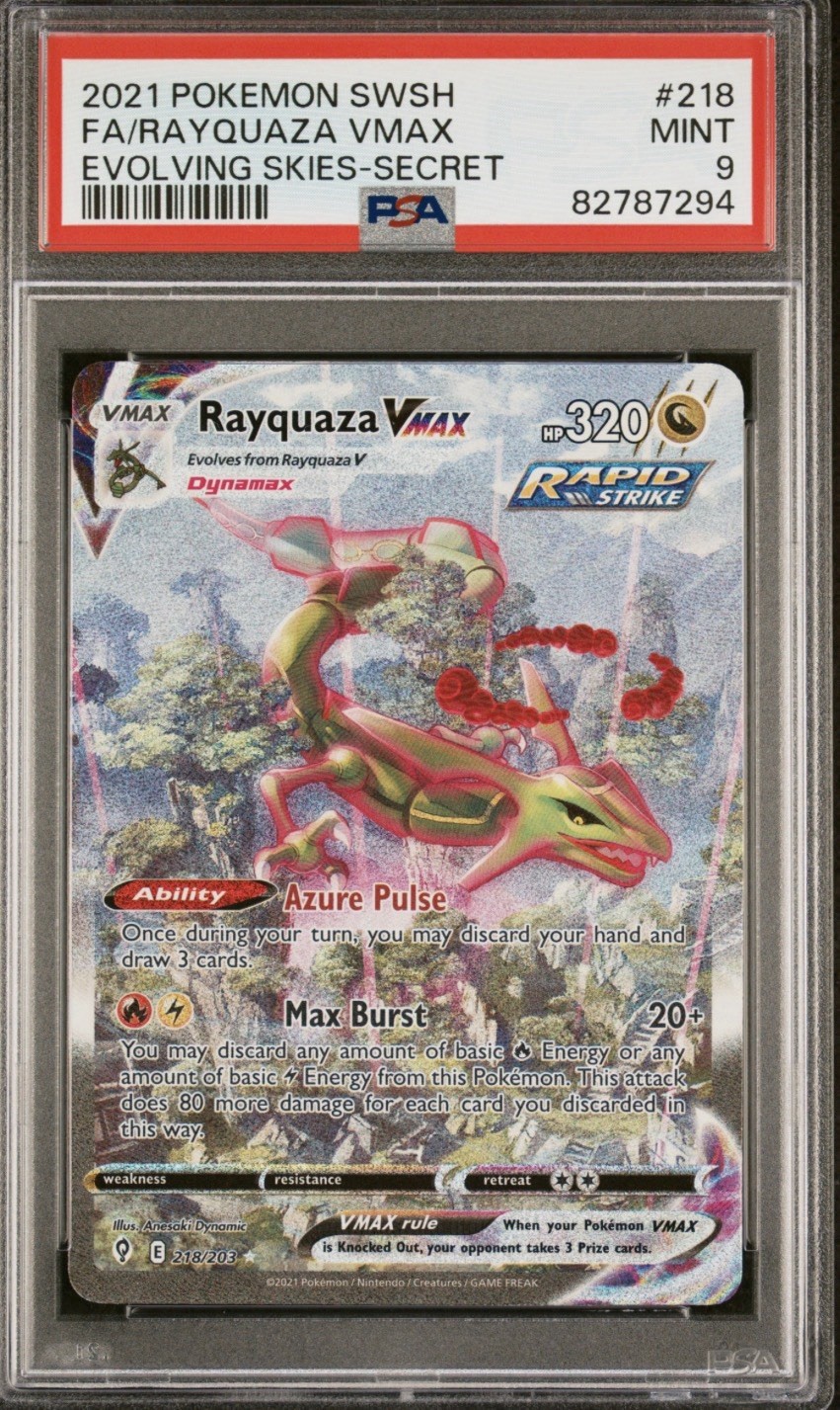 2021 POKEMON SWSH EVOLVING SKIES #218/203 RAYQUAZA VMAX SECRET ALT ART PSA 9
