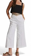Anthropologie Maeve Pintucked White Crop Wide-Leg Pants Cotton Blend Sz 2