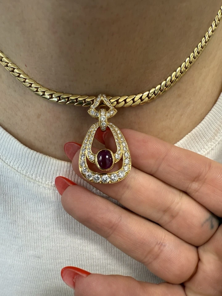 CARTIER PARIS 18k Yellow Gold, Diamond & Cabochon Ruby Necklace 1980s Vintage - Image 3 of 4